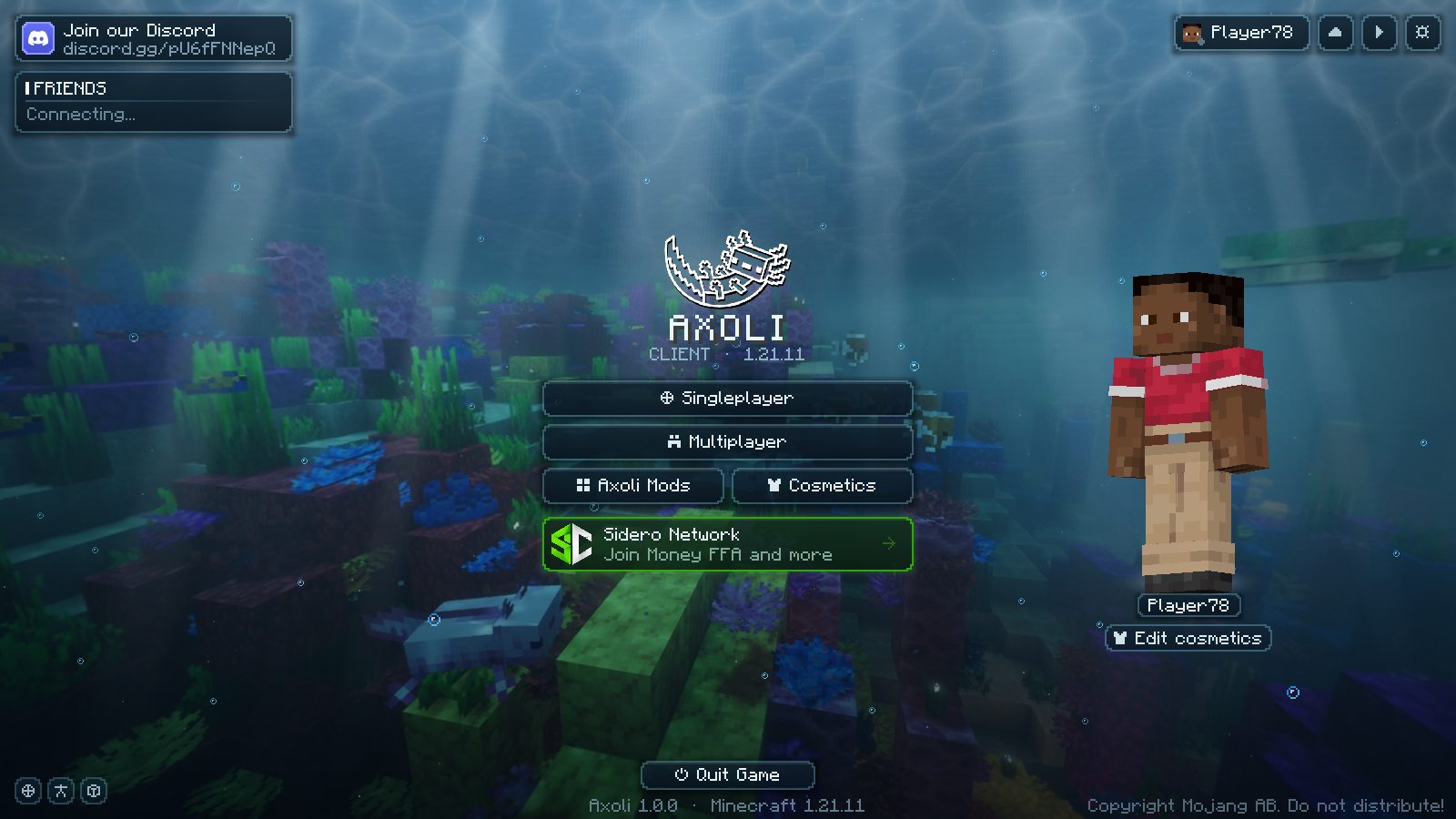 The Axoli main menu in game, over a coral reef with axolotls