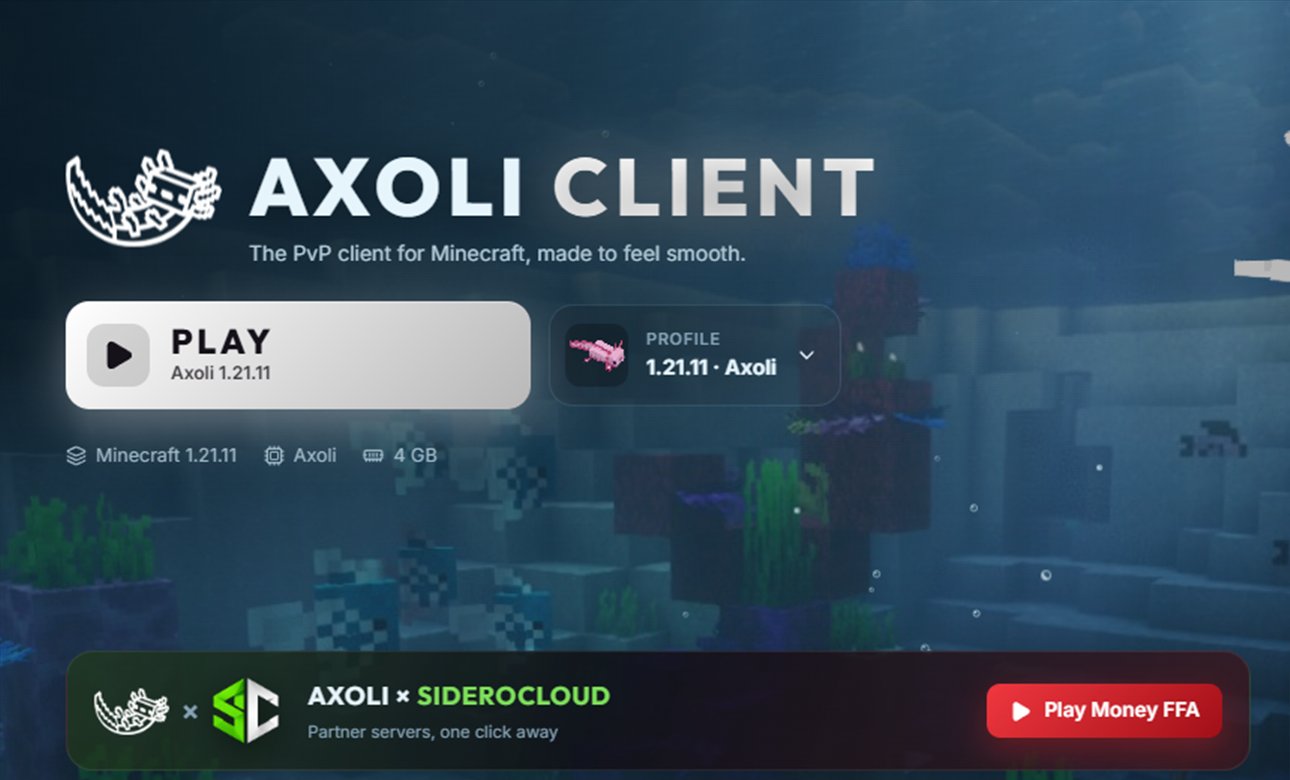 The Axoli Launcher's Home page, with the Play button over a coral reef